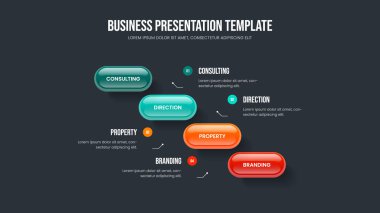 Reklam Büyümesi 4 Adım Infographic Slayt Şablonu. Business Review Sunum Tasarım Vektörü İllüstrasyonu. Proje Planlama Dört Seçenek Diyagramı Düzenlemesi.