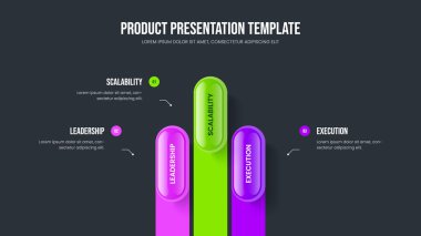 Şirket Çözümü Sunum Düzeni Vektör İllüstrasyonu. Pazarlama Fırlatma 3 Element Diyagram Tasarımı. Yaratıcı Giriş Üç Adım Bilgi Slayt Gösterisi Şablonu.