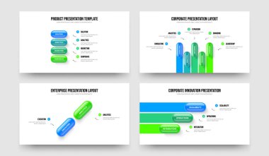 Şirket İnovasyon 4-5-2-3-Basamaklı Bilgi Sunum Düzeni Vektör İllüstrasyon Seti. Finansal İnceleme 4523 Element Diyagramı Slayt Gösterisi Şablonu Paketi.