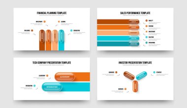 Şirket Performansı 4523 Opsiyon Bilgi Sunumu Tasarım Seti. Yatırımcı Geliştirme 4-5-2-3 Element Çerçeve Düzeni Vektör Çizim Paketi.
