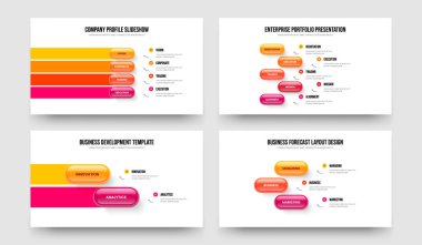 Kurumsal Rapor 4523 Seçenek Diyagram Kaydırağı Tasarım Seti. Finansal İcat 4-5-2-3 Element Bilgi Slayt Gösterisi Şablon Vektör Resimleri Koleksiyonu.