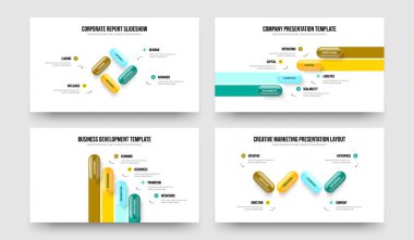 Şirket Çözümü Dört Seçenek Bilgi Kaydırma Vektör Çizim Paketi. Yatırımcı Planı 4 Adım Diyagram Sunum Tasarımı Koleksiyonu.