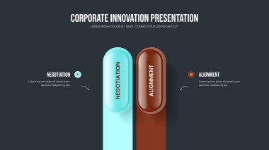 Servis Geliştirme İki Element Bilgi Slayt Gösterisi Düzeni. Şirket Analizi 2 Seçenek Diyagramı Sunum Şablonu. Görsel İcat Çerçeve Tasarım Vektörü İllüstrasyonu.