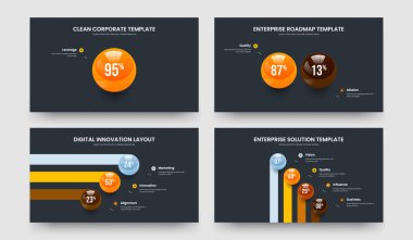 Piyasa Performansı 1-2-3-4 Element Diyagram Kaydırma Şablonu Vektör Resimleri Paketi. Zarif Profil 1234 Adım Grafik Slayt Gösterisi Tasarımı.