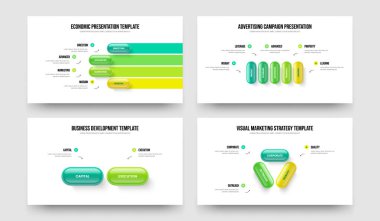 Şirket Fırlatma 4523 Adım Diyagram Kaydırma Şablonu Koleksiyonu. Reklam Brifingi 4-5-2-3 Element Infographic Sunum Düzeni Vektör Resimleme Paketi.