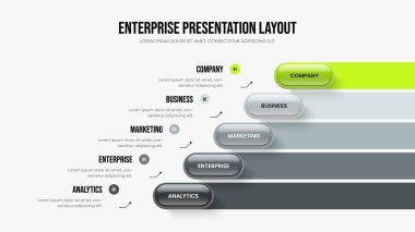 Satış Görselleştirme Beş Adım Bilgi Kaydırağı Tasarımı. Modern Çözüm Sunum Şablonu Vektör İllüstrasyonu. Pazarlama Raporu 5 Seçenek Diyagramı Düzenleme.