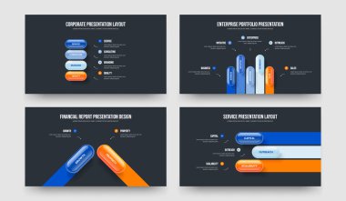 Proje Performansı 4523 Element Bilgi Sunumu Tasarım Seti. Dijital Çözüm Dört Beş İki Üç Seçenek Slayt Düzeni Vektör Çizim Paketi.