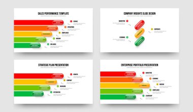 Visual Growth 5 3 4 Option Diagram Slideshow Design Bundle. Enterprise Development Five Three Four Element Infographic Frame Template Vector Illustration Set.