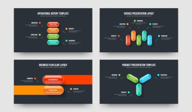 Consulting Strategy Four Five Two Three Option Diagram Slide Layout Vector Illustration Set. Company Profile 4 5 2 3 Element Infographic Frame Template Collection.