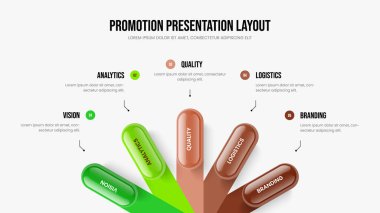 Project Review Slide Template Vector Illustration. Advertising Launch Five Element Diagram Slideshow Design. Product Innovation 5 Step Infographic Presentation Layout.