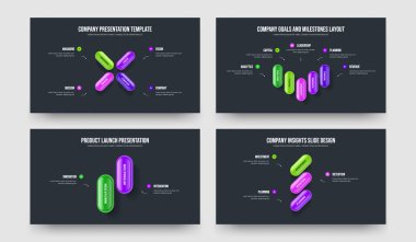 Advertising Forecast Four Five Two Three Element Diagram Frame Template Vector Illustration Set. Consulting Showcase 4 5 2 3 Option Infographic Slideshow Layout Bundle.