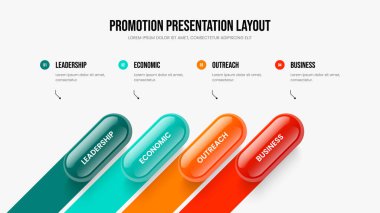 Company Review 4 Option Infographic Presentation Design. Financial Development Four Element Diagram Slide Template. Consulting Performance Frame Layout Vector Illustration.