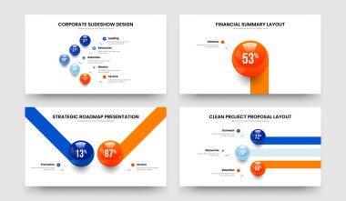 Servis Planlama Beş Bir İki Üç Eleman Diyagramı Sunum Düzeni Vektör İllüstrasyon Paketi. Satış Kampanyası 5133 Adım Çizelgesi Slayt Tasarım Koleksiyonu.