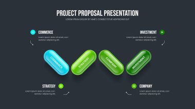 Atılgan Teklif Kaydırak Düzeni Vektör İllüstrasyonu. Proje Tanıtımı Dört Seçenek Slayt Şablonu. Reklam Analizi 4 Adım Bilgi Sunumu Tasarımı.