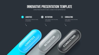 Modern Showcase 3 Seçenek Diyagramı Kaydırma Düzeni. Reklam Stratejisi Slayt Gösterisi Şablonu Vektör İllüstrasyonu. Atılgan Raporu Üç Adım Bilgisel Sunum Tasarımı.