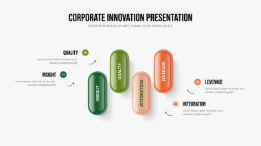 Ürün Portföyü Dört Adım Diyagram Düzenleme. Pazar Kampanyası 4 Element Bilgi Slayt Gösterisi Tasarımı. Profesyonel Geliştirme Sunum Şablonu Vektör İllüstrasyonu.