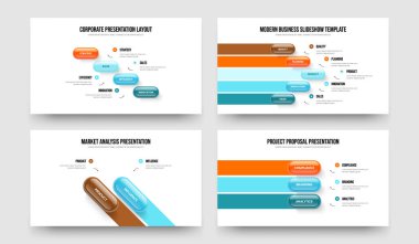 Proje Brifingi 4523 Adım Bilgi Kaydırma Düzeni Paketi. İş Geliştirme 4-5-2-3 Element Diyagram Slayt Gösterisi Şablon Vektör Resimleri Koleksiyonu.