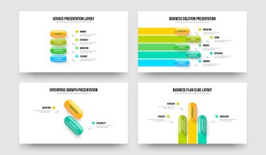 İş Planı 4-5-2-3 Seçenek Bilgi Kaydırağı Tasarım Vektör Resimleri Koleksiyonu. Yatırımcı Fırlatma 4523 Element Diyagramı Slayt Gösterisi Şablonu Ayarlandı.