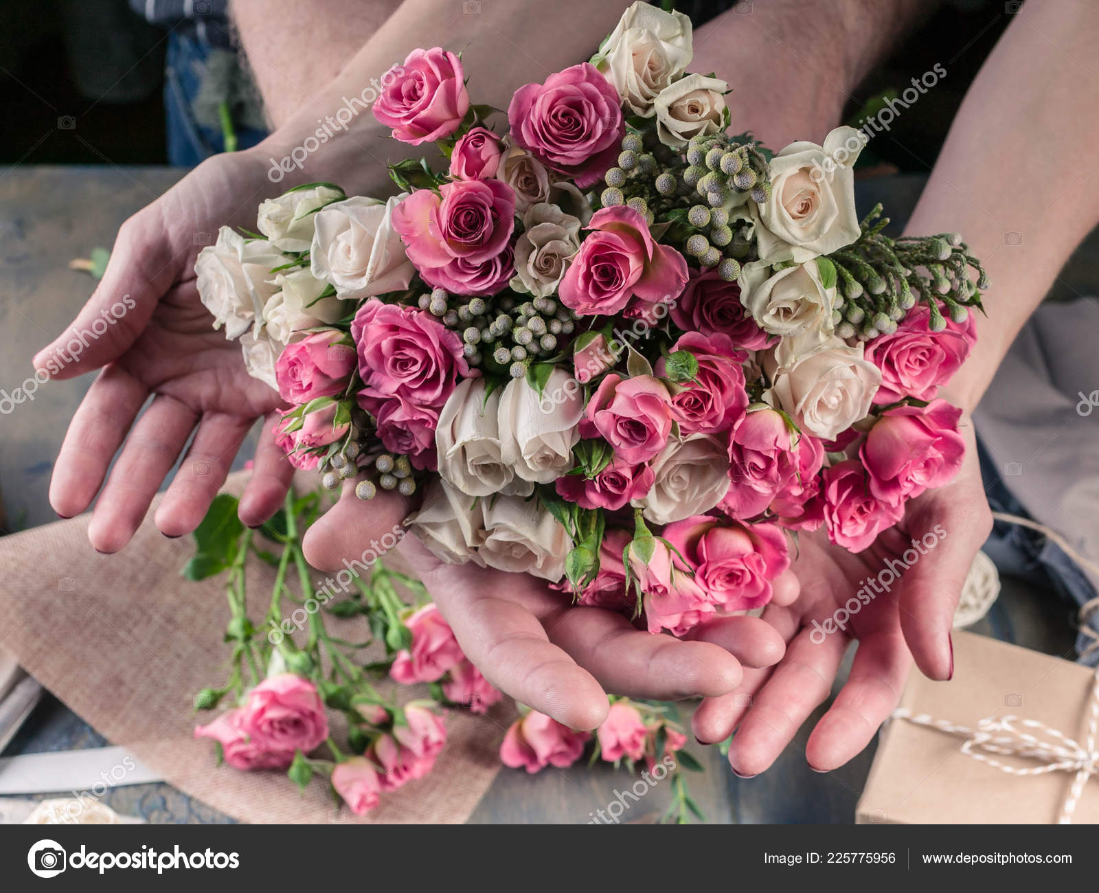 Female Hands Making Wedding Bouquet Dark Table Small Business Concept Stock Photo C Yusev 225775956