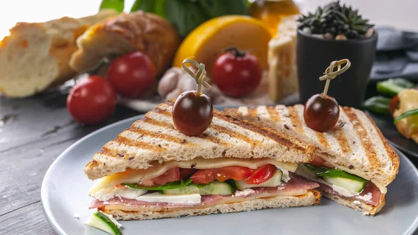 Food banner. Smoked beef toasts, tomatoes, white cheese and spinach. Close-up. Horizontal shot