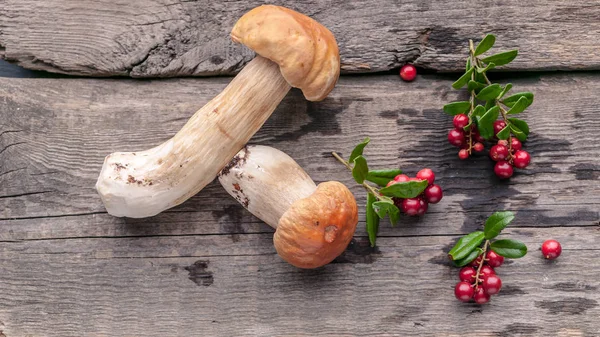 Food banner Forest wild mushrooms and berries on a rustic wooden background. Close-up. Top view. Copy space