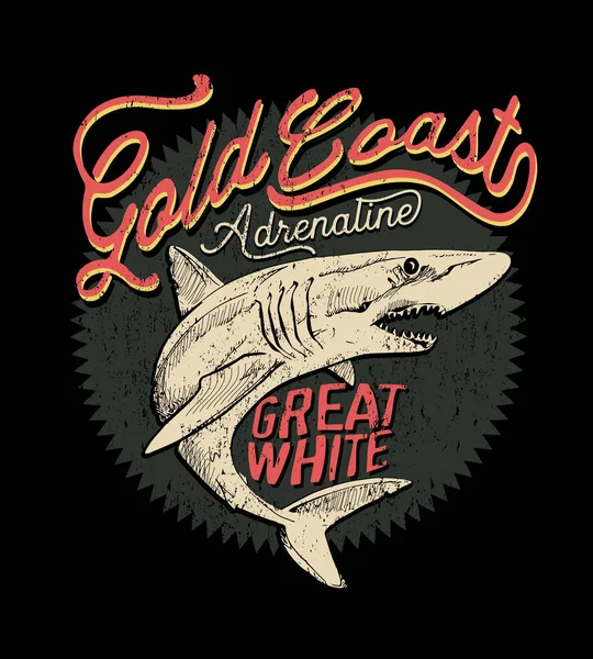 Gold Coast Adventure Great White Vector Print Design — Stock Vector