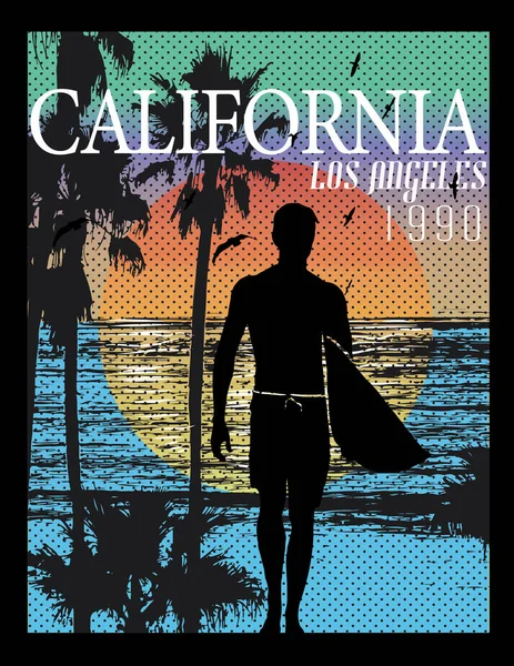 California Surfer Los Angeles Sunset — Stock Vector