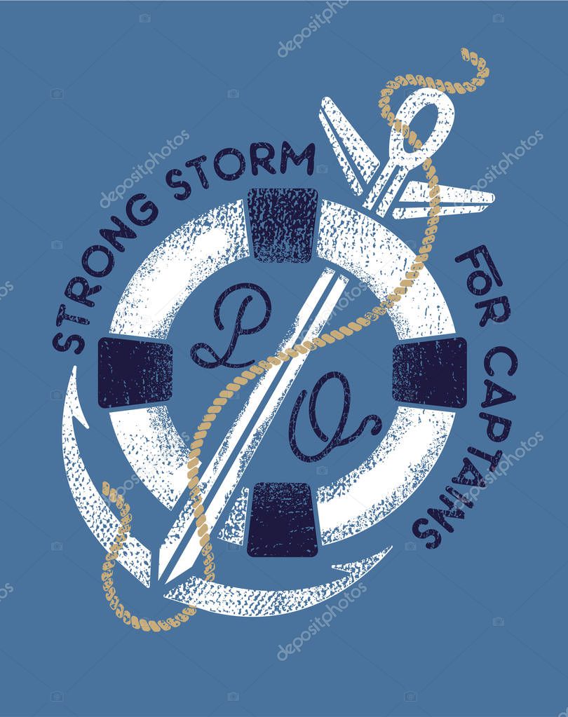 Strong storm.Nautical logo, vintage t shirt print design