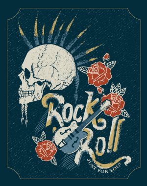 Rock Roll, kafatası ve gül grafik çalışması