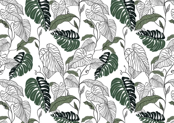 Motif Floral Vert Noir Blanc Feuille Fendue Philodendron Plante Avec — Image vectorielle