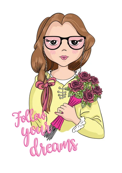 可爱的女孩在眼镜拿着花束的花束 适用于 T恤衫的平面设计 — 图库矢量图片