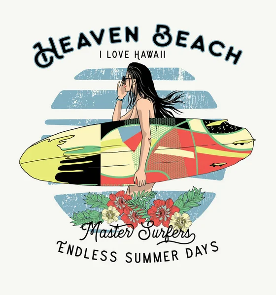 Surfer Woman Haven Playa Diseño Gráfico Adecuado Para Uso Camisetas — Archivo Imágenes Vectoriales