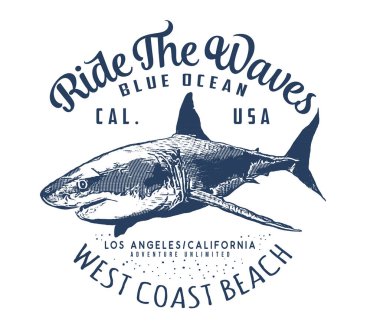  köpekbalığı ve metin ile batı sahili plaj t-shirt baskı tasarımı , vektör, illüstrasyon