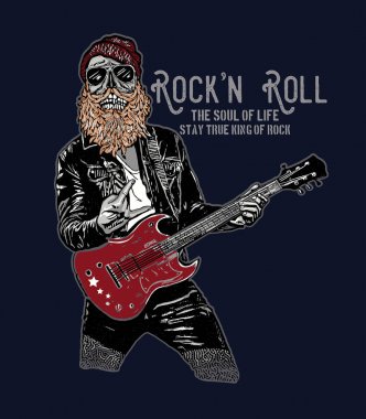 yazıt Rock and Roll, vektör, illüstrasyon ile gitar çalan sakallı adam ile t-shirt baskı tasarımı