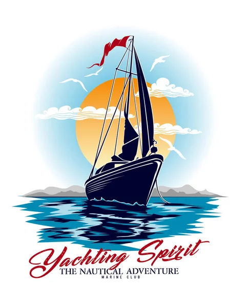 Diseño Impresión Camiseta Del Club Marino Con Barco Flotando Océano — Vector de stock
