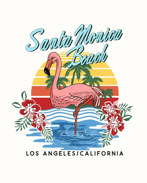 圣莫尼卡海滩T恤印花设计与火烈鸟在海洋日落 — 图库矢量图片