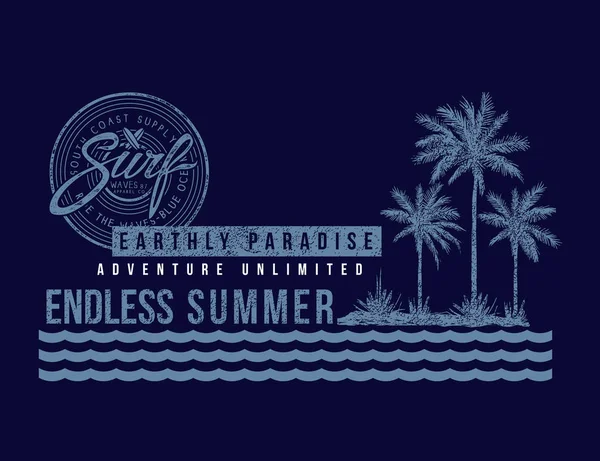 kumlu plaj ve okyanus ile t-shirt yaz baskı tasarımı , vektör, illüstrasyon