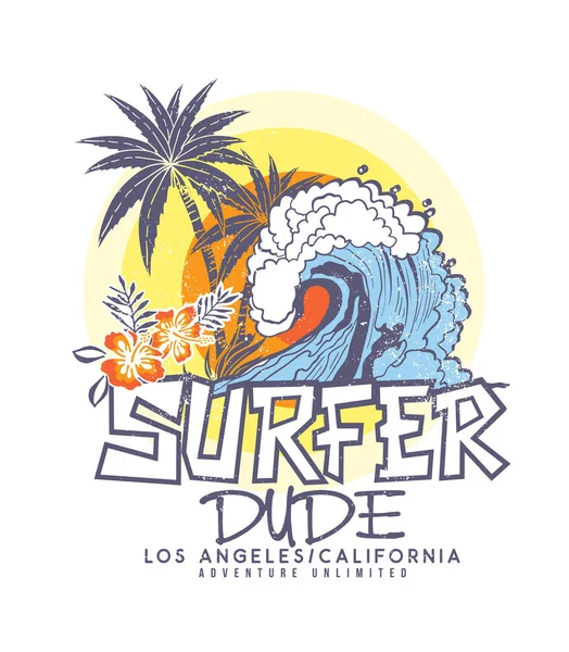 Shirt Print Design Med Text Surfer Dude Och Big Wave — Stock vektor