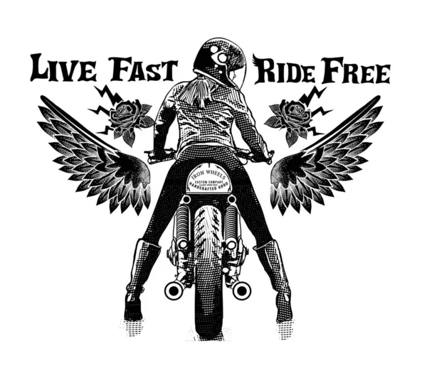 Diseño Impresión Camiseta Con Mujer Motocicleta Vendimia Inscripción Viva Paseo — Vector de stock