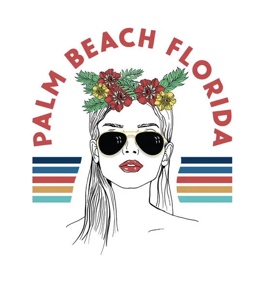 Palm Beach Florida Shirt Print Design Med Porträtt Vacker Kvinna — Stock vektor