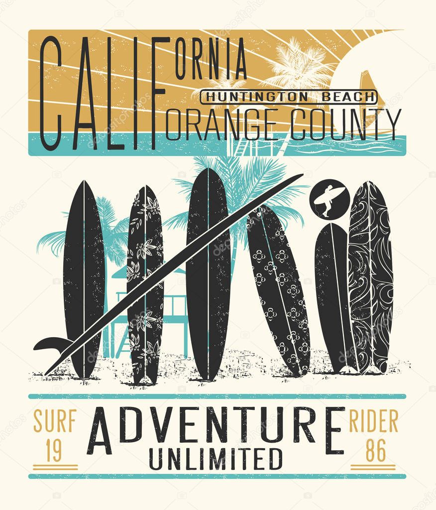 summer t-shirt print design of Huntington Beach California with surfboards, vector, illustration