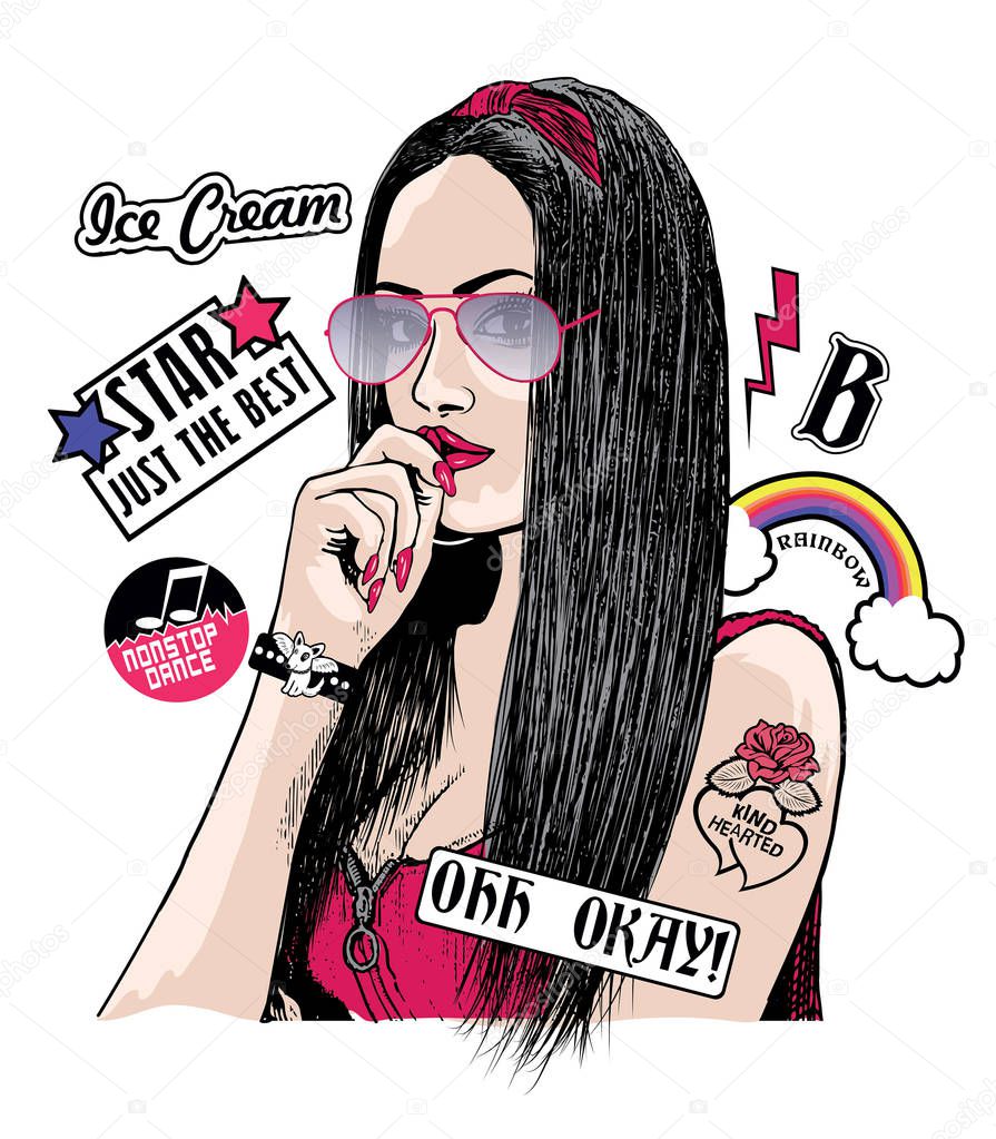  t-shirt print design with portrait of hipster woman in sunglasses, vector, illustration