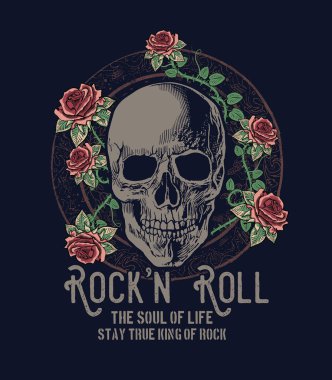 kafatası ve yazıt Rock and Roll, vektör, illüstrasyon ile gül ile t-shirt baskı tasarımı