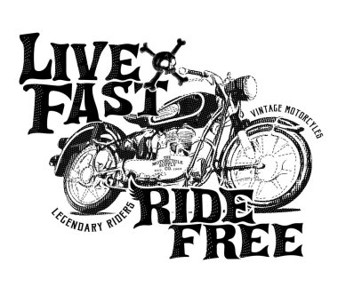yazıt ile vintage motosiklet t-shirt baskı tasarımı canlı hızlı yolculuk ücretsiz, vektör, illüstrasyon