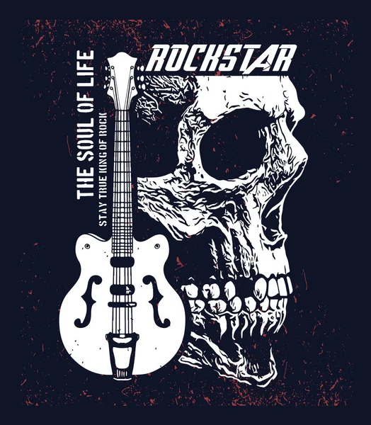 Shirt Print Design Mit Totenkopf Und Gitarre Mit Aufschrift Rockstar — Stockvektor