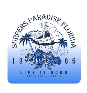 Yaz sörfü tişört baskısı tasarımı, vektör, illüstrasyon