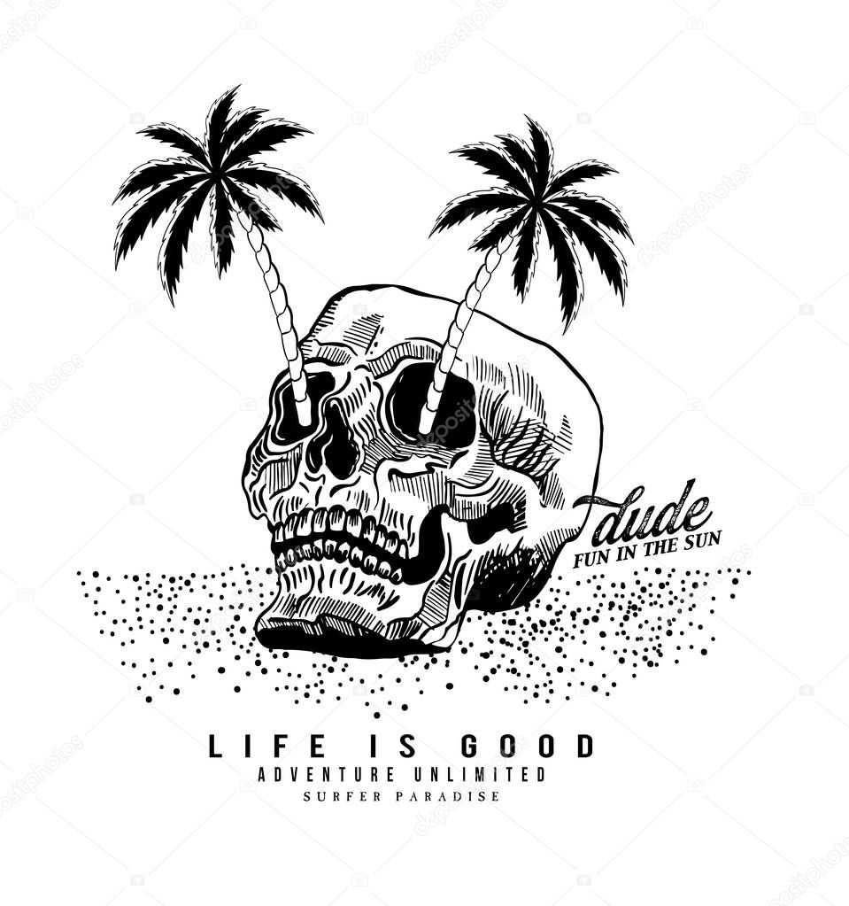 Skull summer t-shirt print design, vector, illustration