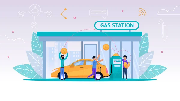 Araba benzin istasyonu üzerinde yakıt ikmali vektör çizim — Stok Vektör