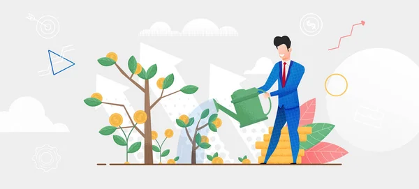 Flat Illustration Man in Suit Watering Money Tree — Stock Vector