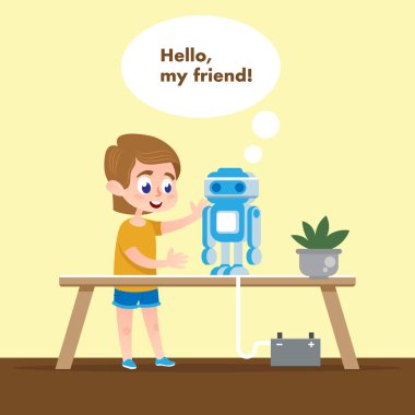 Robot modeli konuşma ile akıllı çocuk. Düz çizgi film